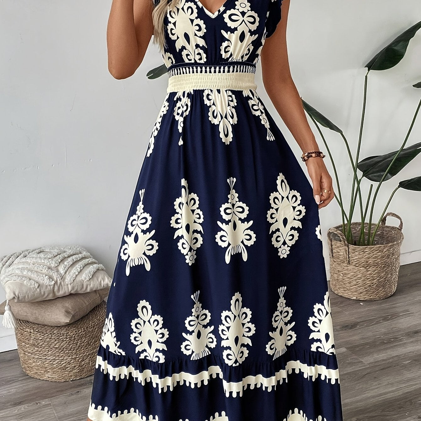 Vestido A-Line com Estampa Nova Primavera-Verão e Mangas Flutter com Cintura Envolvente