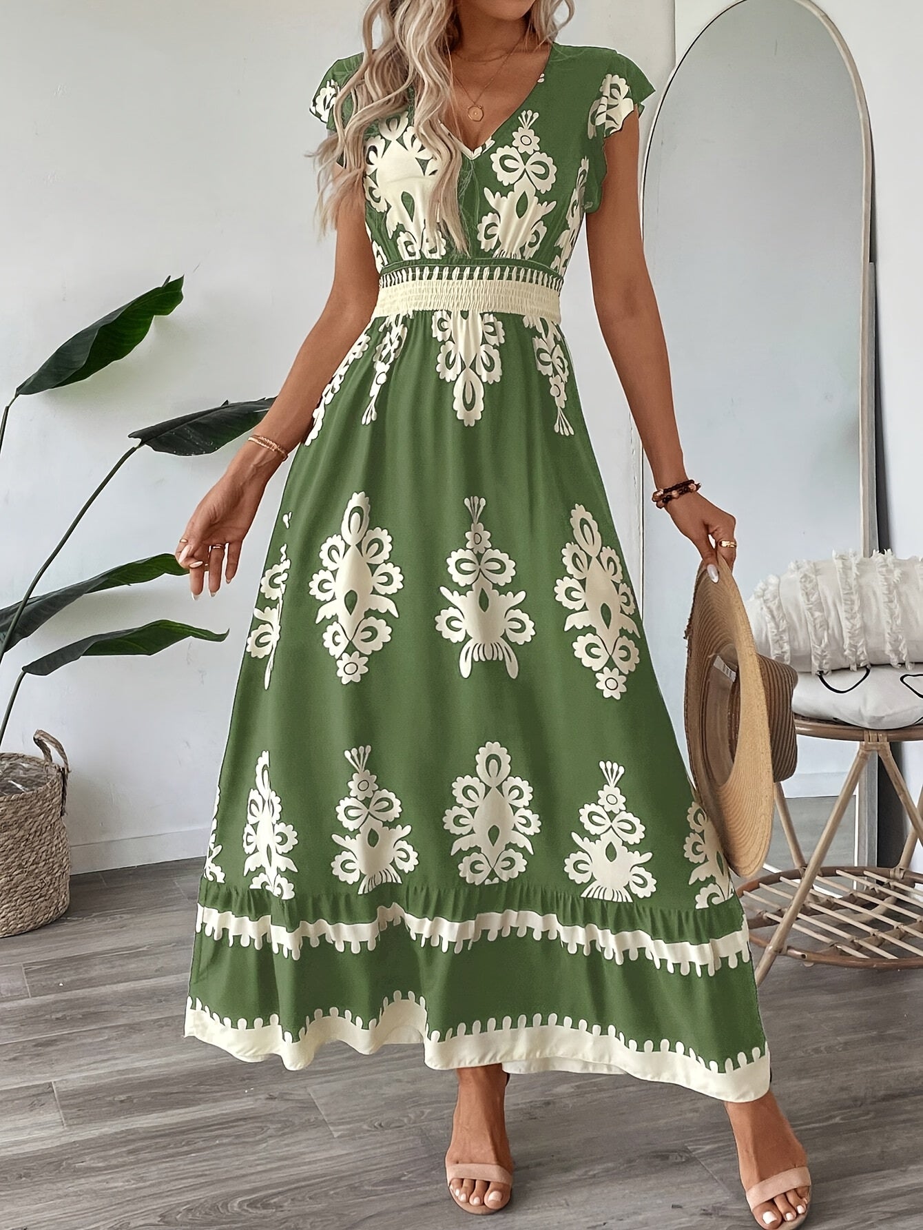 Vestido A-Line com Estampa Nova Primavera-Verão e Mangas Flutter com Cintura Envolvente