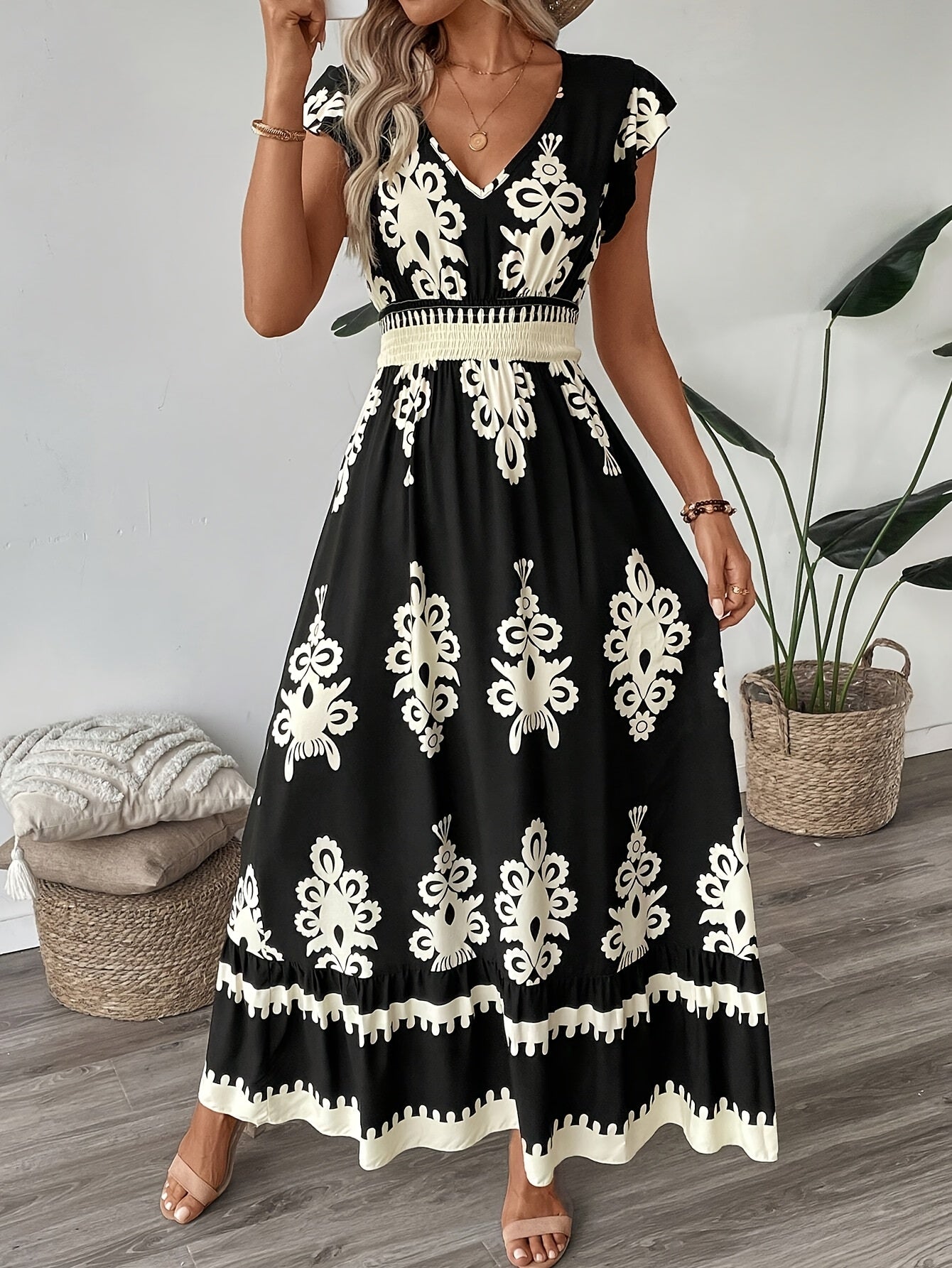 Vestido A-Line com Estampa Nova Primavera-Verão e Mangas Flutter com Cintura Envolvente