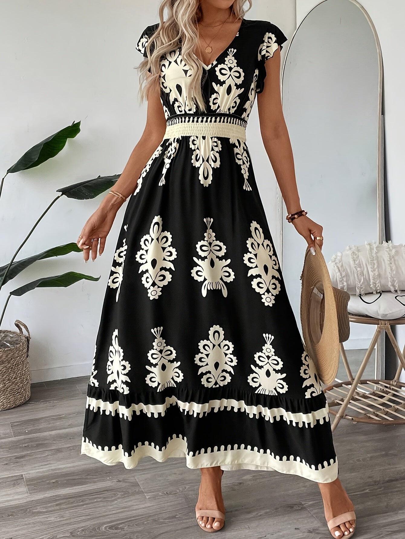 Vestido A-Line com Estampa Nova Primavera-Verão e Mangas Flutter com Cintura Envolvente