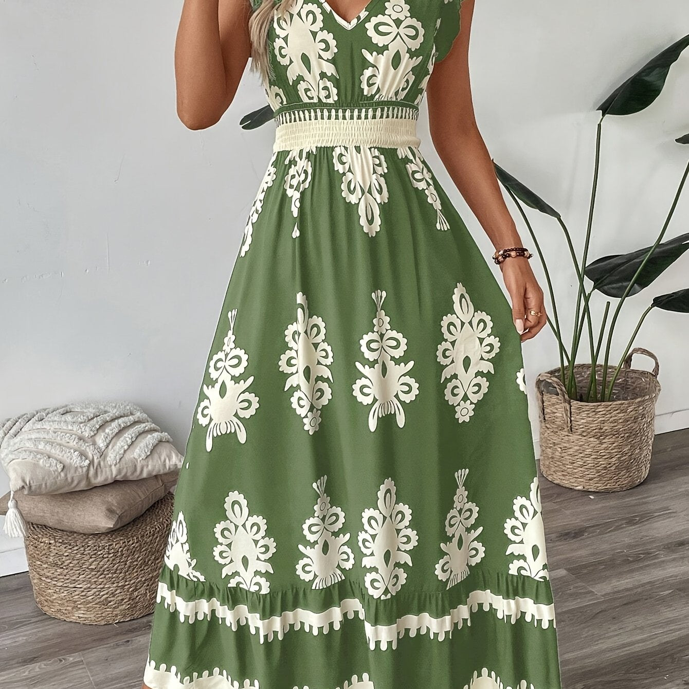 Vestido A-Line com Estampa Nova Primavera-Verão e Mangas Flutter com Cintura Envolvente