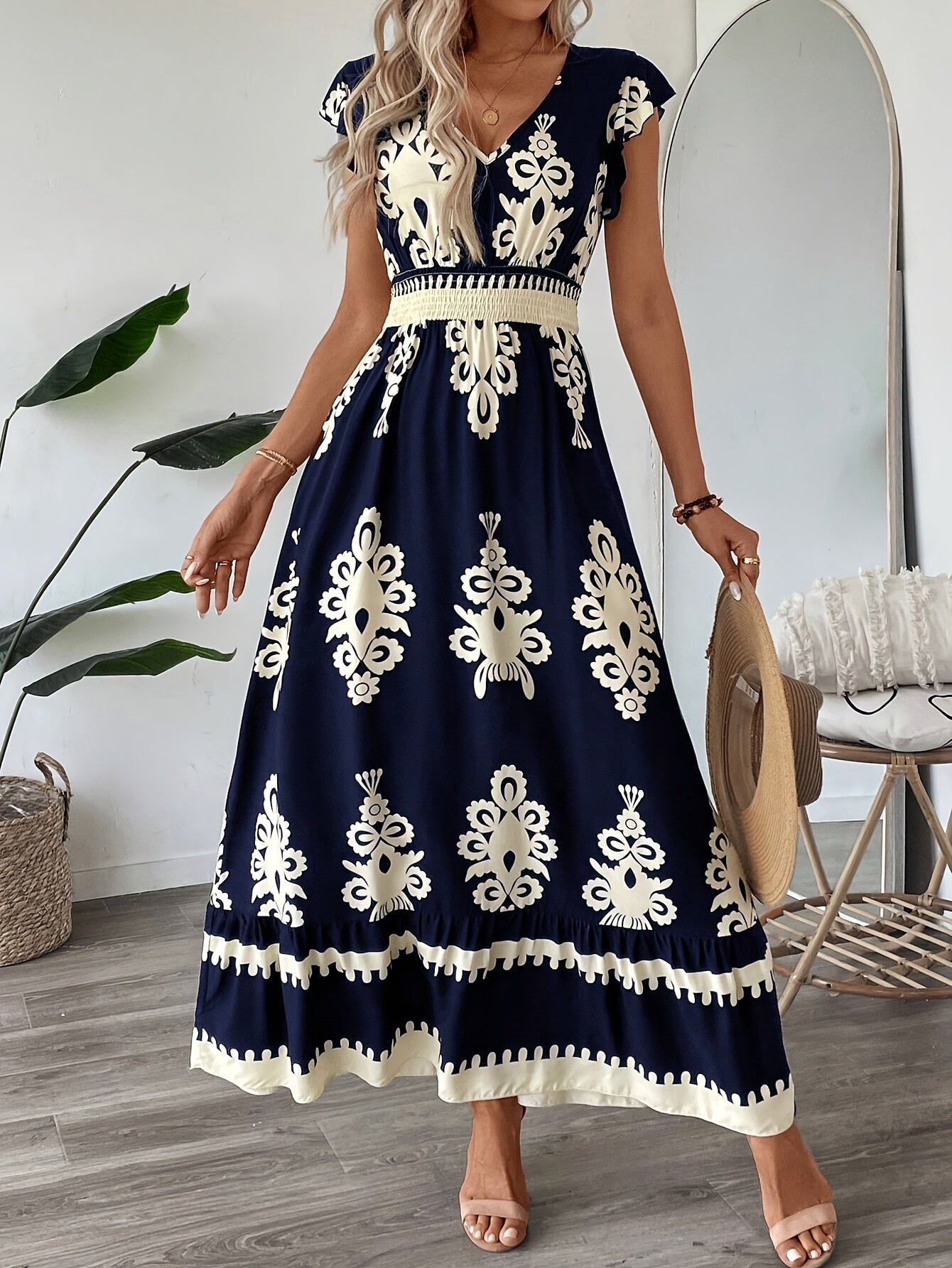 Vestido A-Line com Estampa Nova Primavera-Verão e Mangas Flutter com Cintura Envolvente