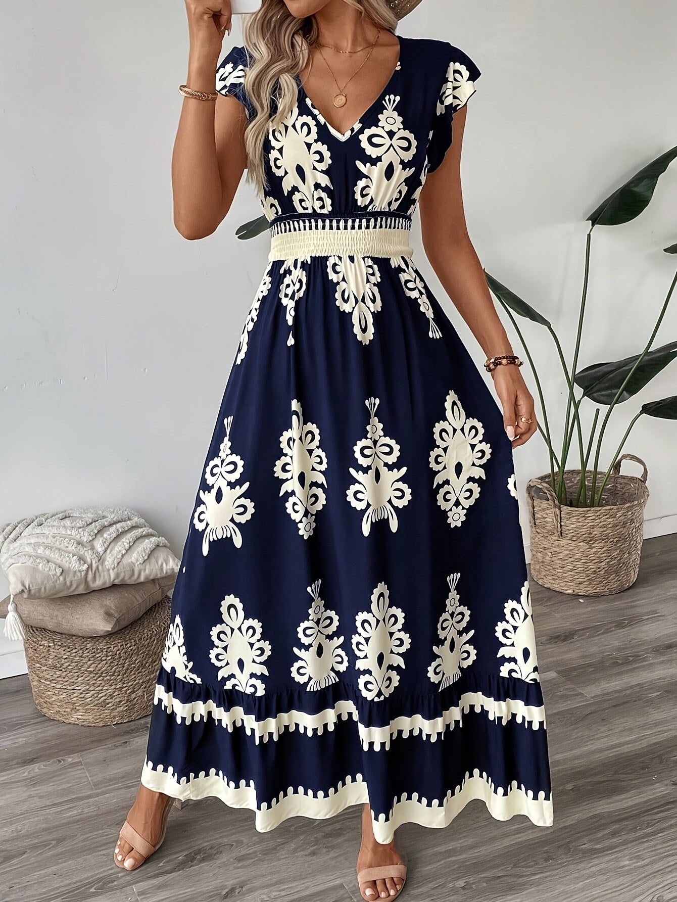 Vestido A-Line com Estampa Nova Primavera-Verão e Mangas Flutter com Cintura Envolvente